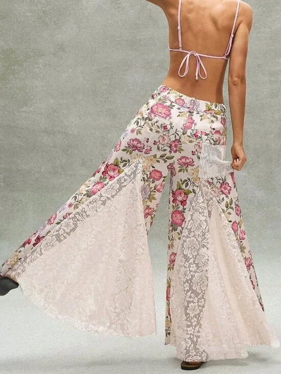 Khaki Boho Women's Casual Ditsy Floral Lace Loose Wide-Leg Low-Waist Pants - Picture 2 of 8